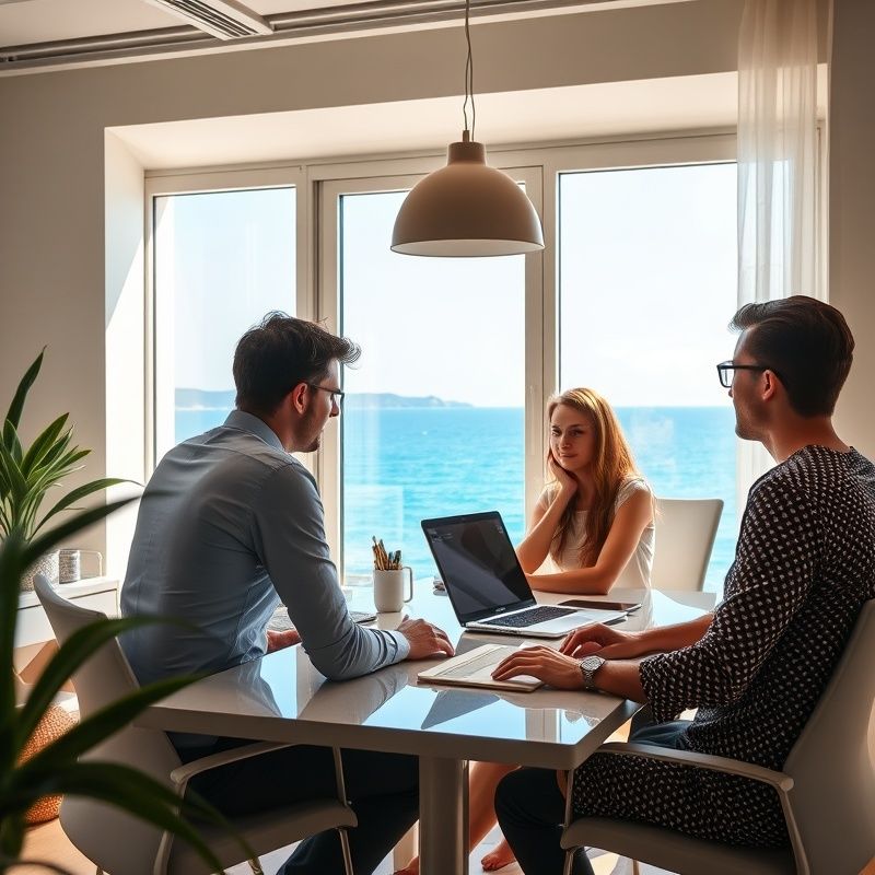 Mali tim koji radi na financijskom softveru u splitskom uredu s pogledom na Jadran